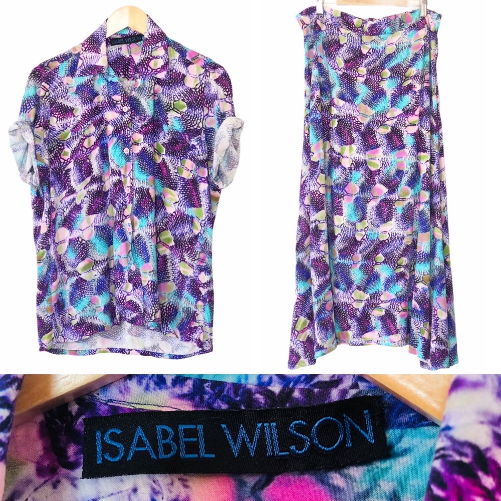 Vintage Two Piece Purple Graphic Top & Skirt Set